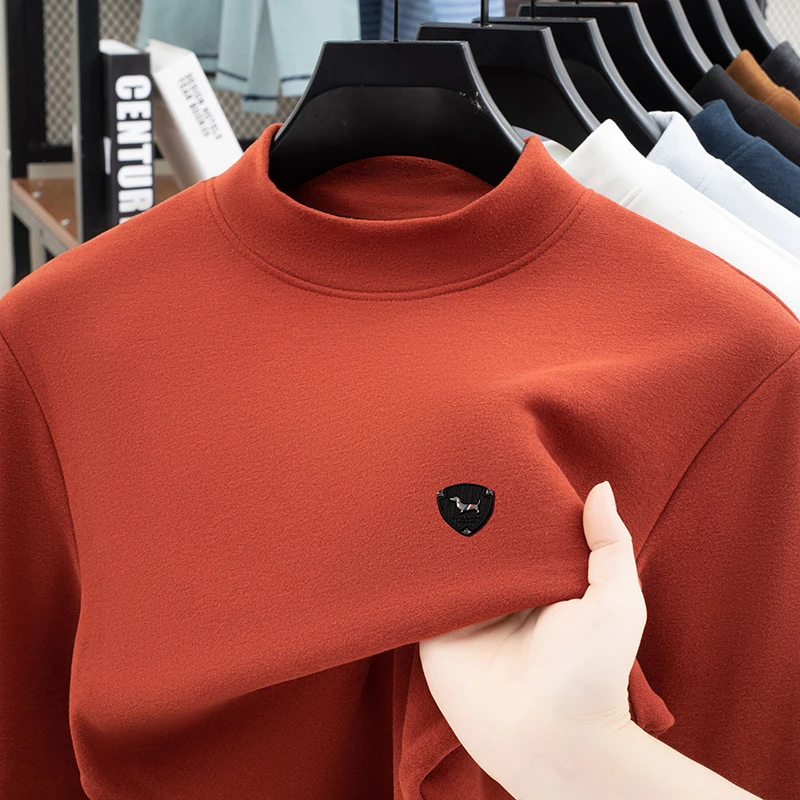 2025羊毛半高领T桖秋冬季加厚宽松磨毛男士保暖上衣打底衫