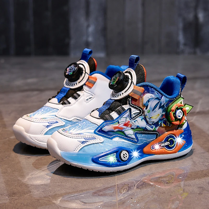 ABC男童发光运动鞋2025秋冬新款儿童风车旋纽扣小学生透气跑步鞋