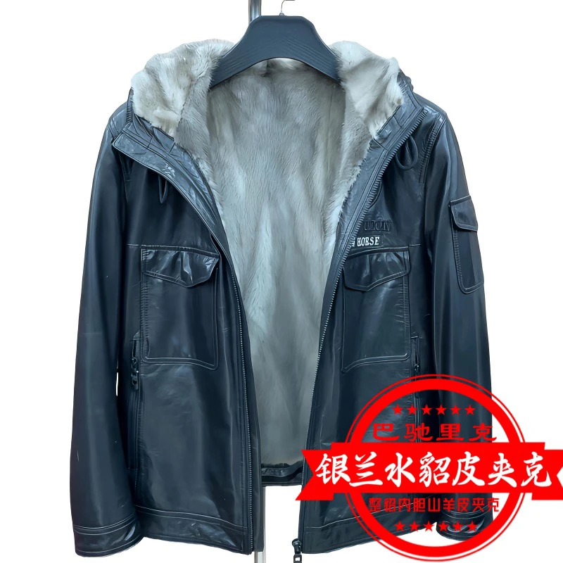 巴驰里克黑色山羊皮半植柔银蓝整貂水貂内胆皮貂夹克男款皮草外套