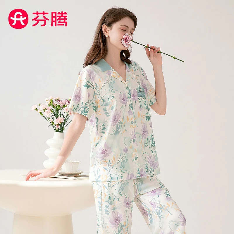 芬腾【100%棉】夏季新品七分裤薄款可外穿短袖家居服套装女睡衣