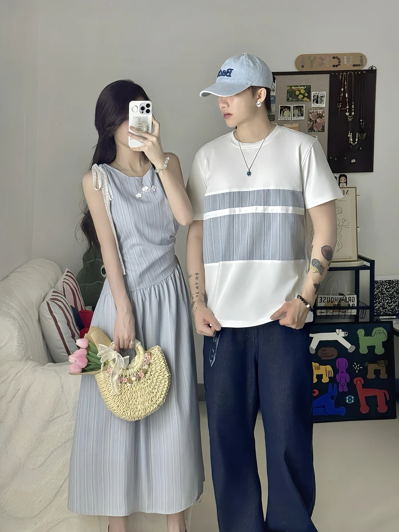 情侣装夏季复古条纹拼接短袖格子连衣裙男短袖T恤法式一裙一衣