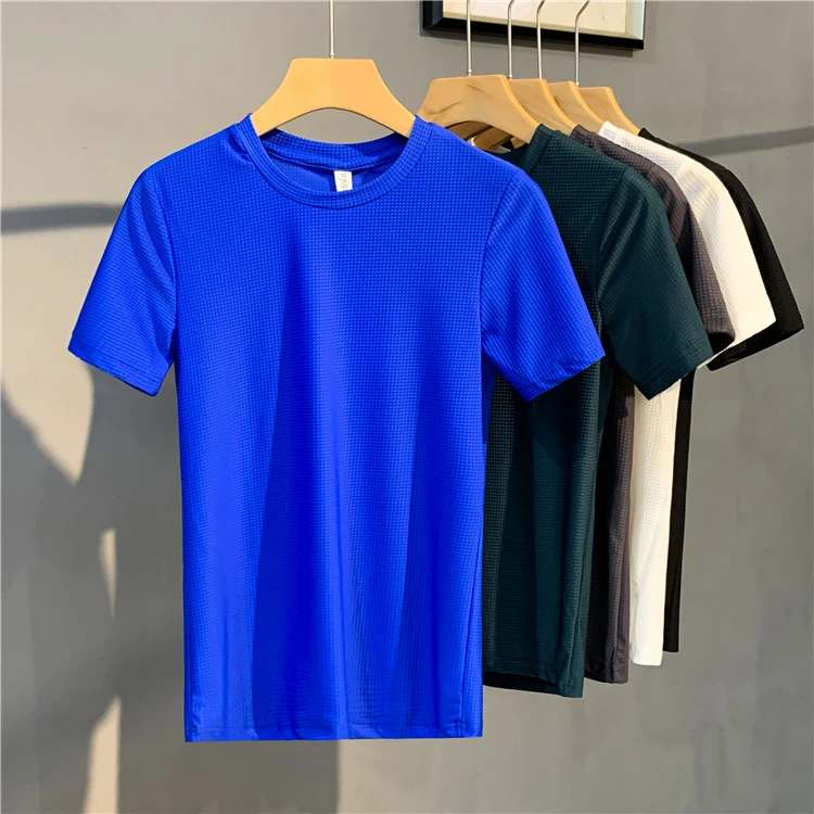 DeweLvum潮牌圆领弹力冰丝短袖T恤男休闲细格纹薄款半袖上衣男装