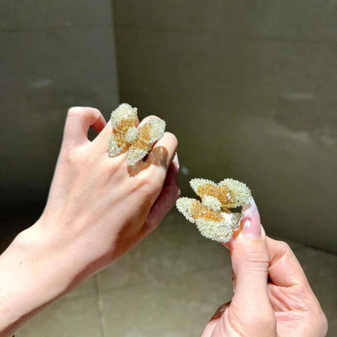非金属合成锆石婚庆饰品 莫奈海之星金色微丝绿野仙踪戒指小抓夹