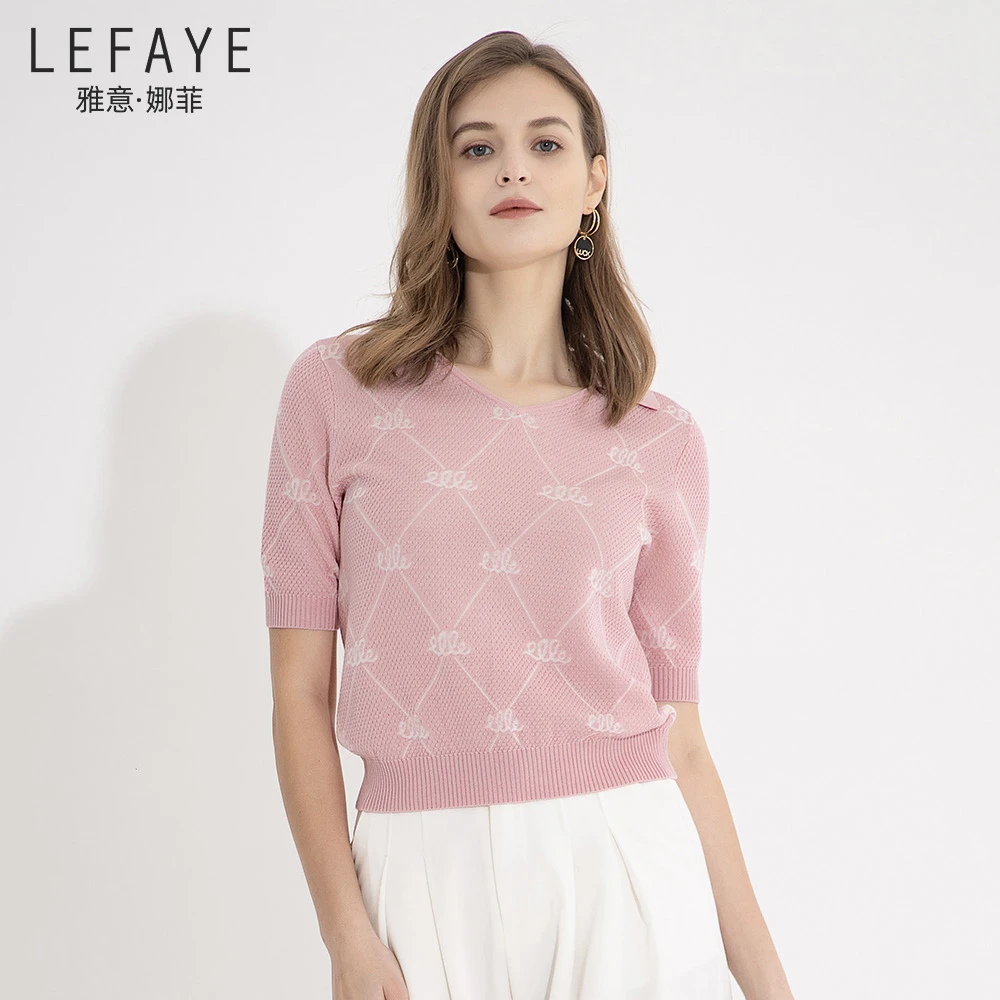 雅意娜菲2025年春夏新款V领镂空天丝针织衫提花设计感气质上衣女