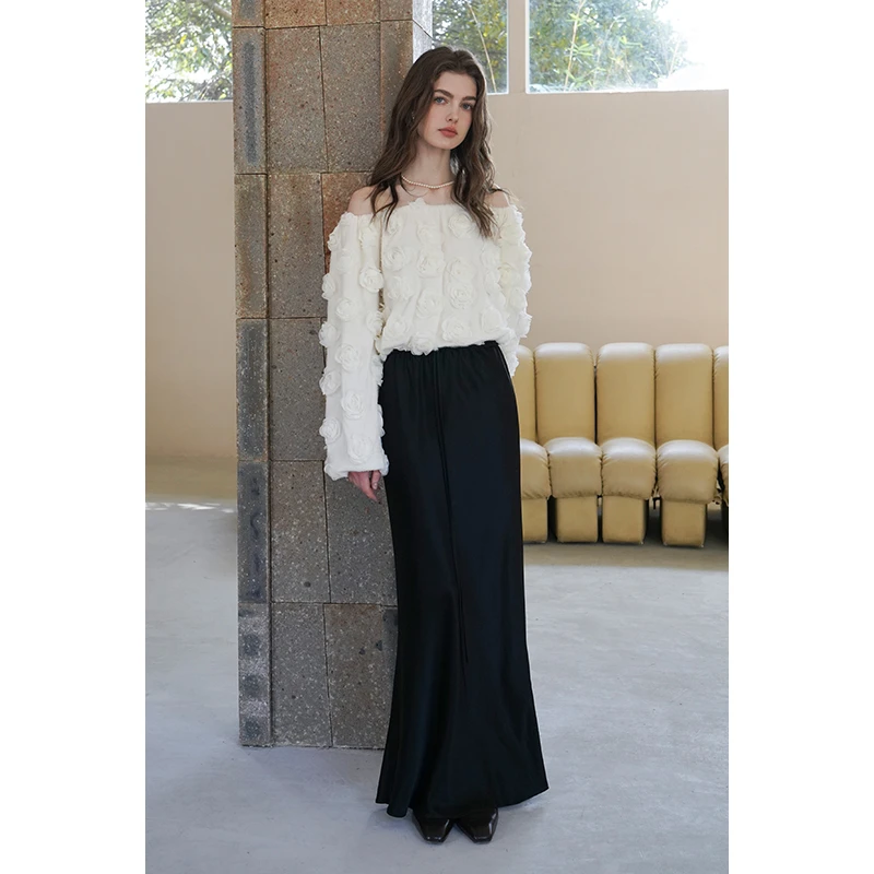 miorastudio法式浪漫重磅黑色 醋酸斜裁高级垂坠感小众松紧半身裙