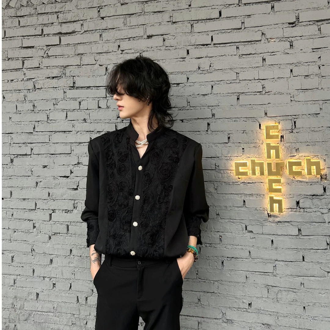 YUCGERX小众设计【黑曼陀罗】原创时尚百搭锆石扣气质盘花绣黑衬衣