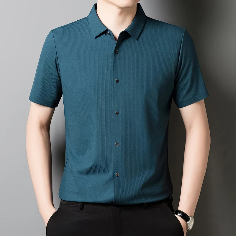冰丝无痕短袖衬衫男2025夏季商务休闲免熨烫修身衬衫男