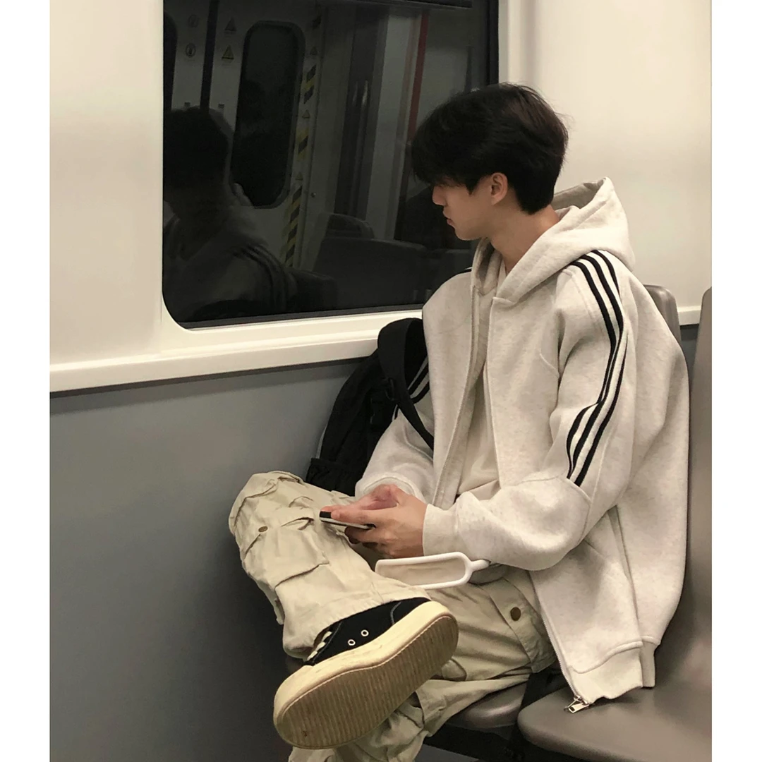 美式潮牌基础款开衫连帽卫衣男休闲三条杠拼色情侣拉链款学生外套