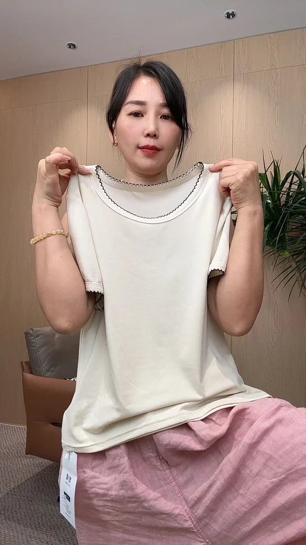 夏季新款随性简约圆领拼接刺绣显瘦正肩T恤上衣 A8955