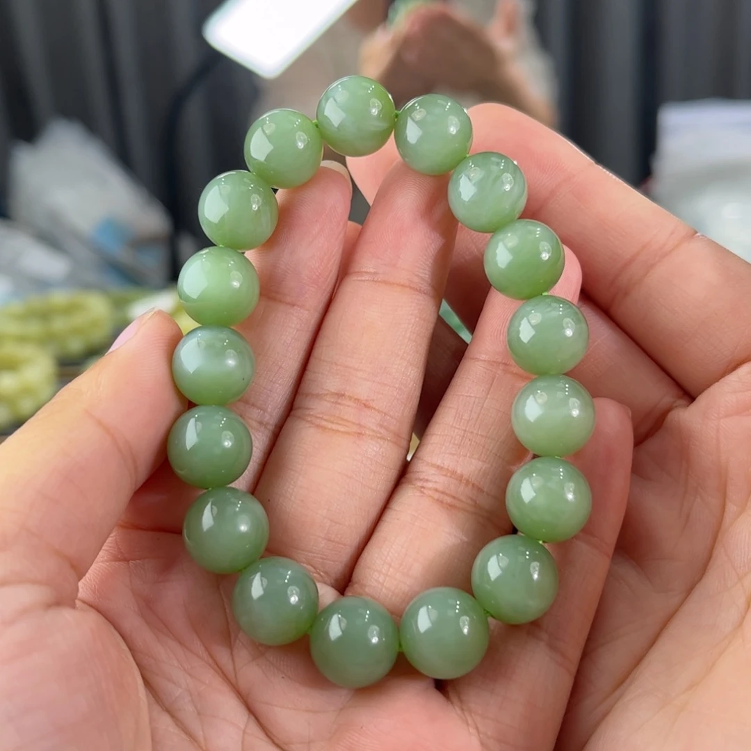 手链未镶嵌和田玉俄料碧玉粉青带猫眼卡12圆珠