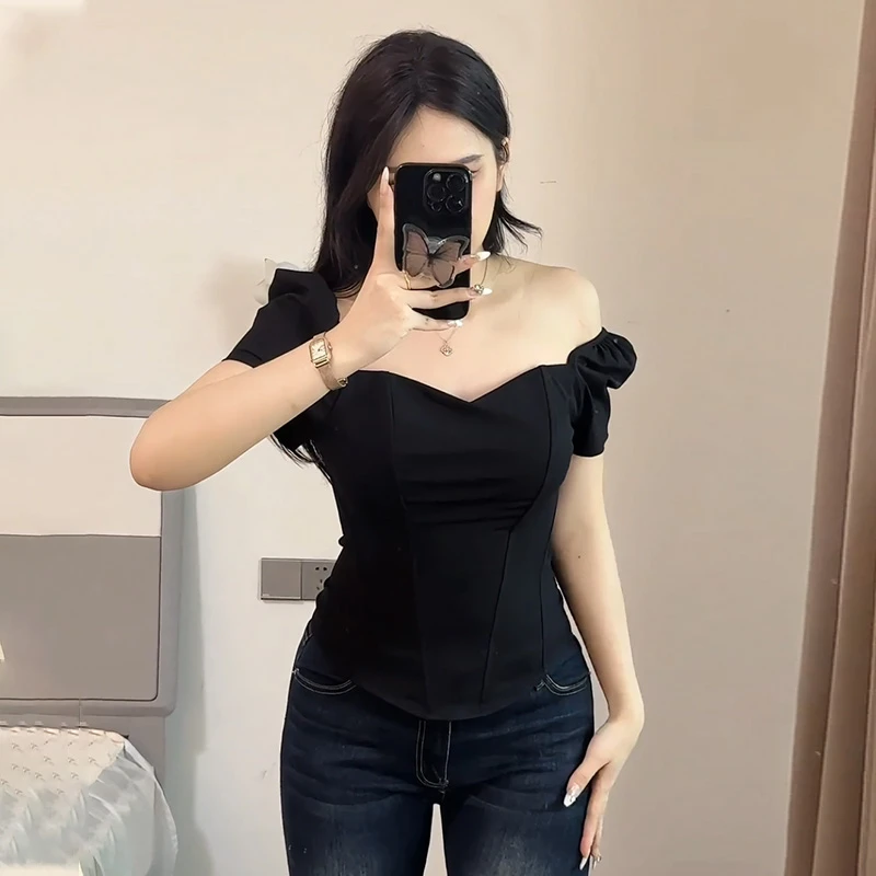 【6600】大码纯欲辣妹性感短袖t恤女夏季设计感收腰显瘦上衣