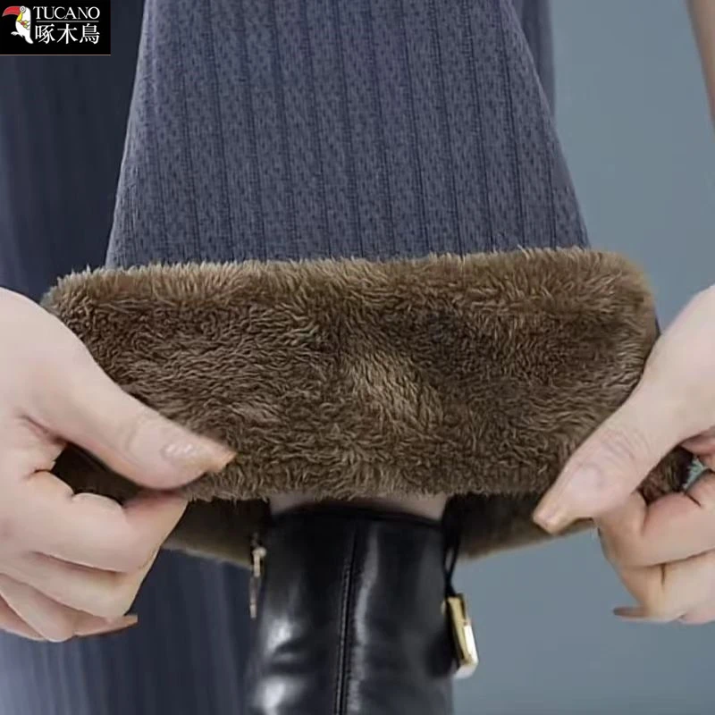 啄木鸟新款2025年高腰拼接直筒裤女士秋冬加绒保暖洋气外穿休闲裤