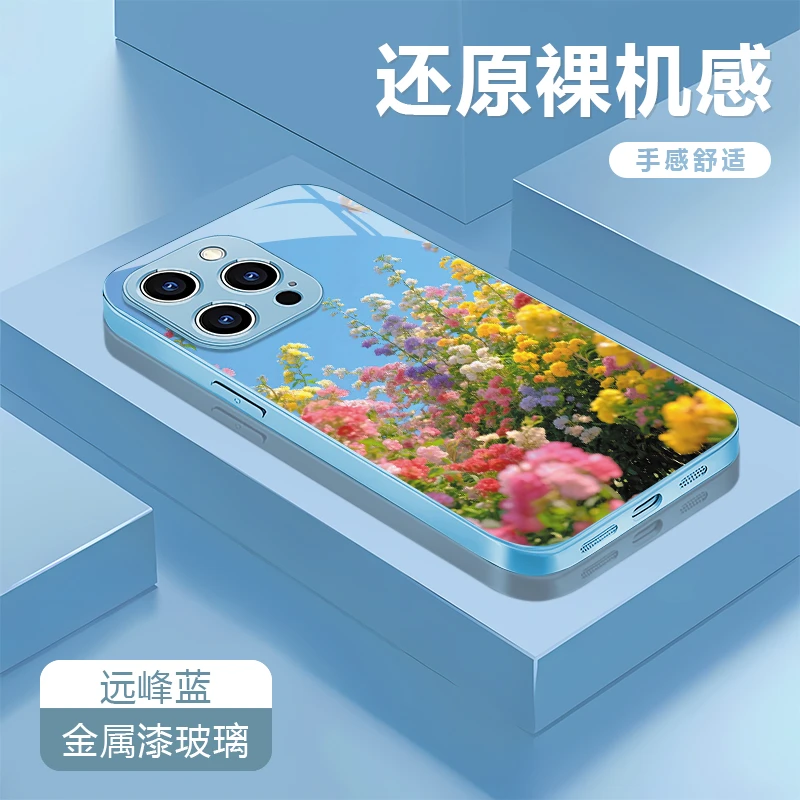蓝色花适用苹果16/15华为P70/vivo/oppo金属漆玻璃防摔手机壳女