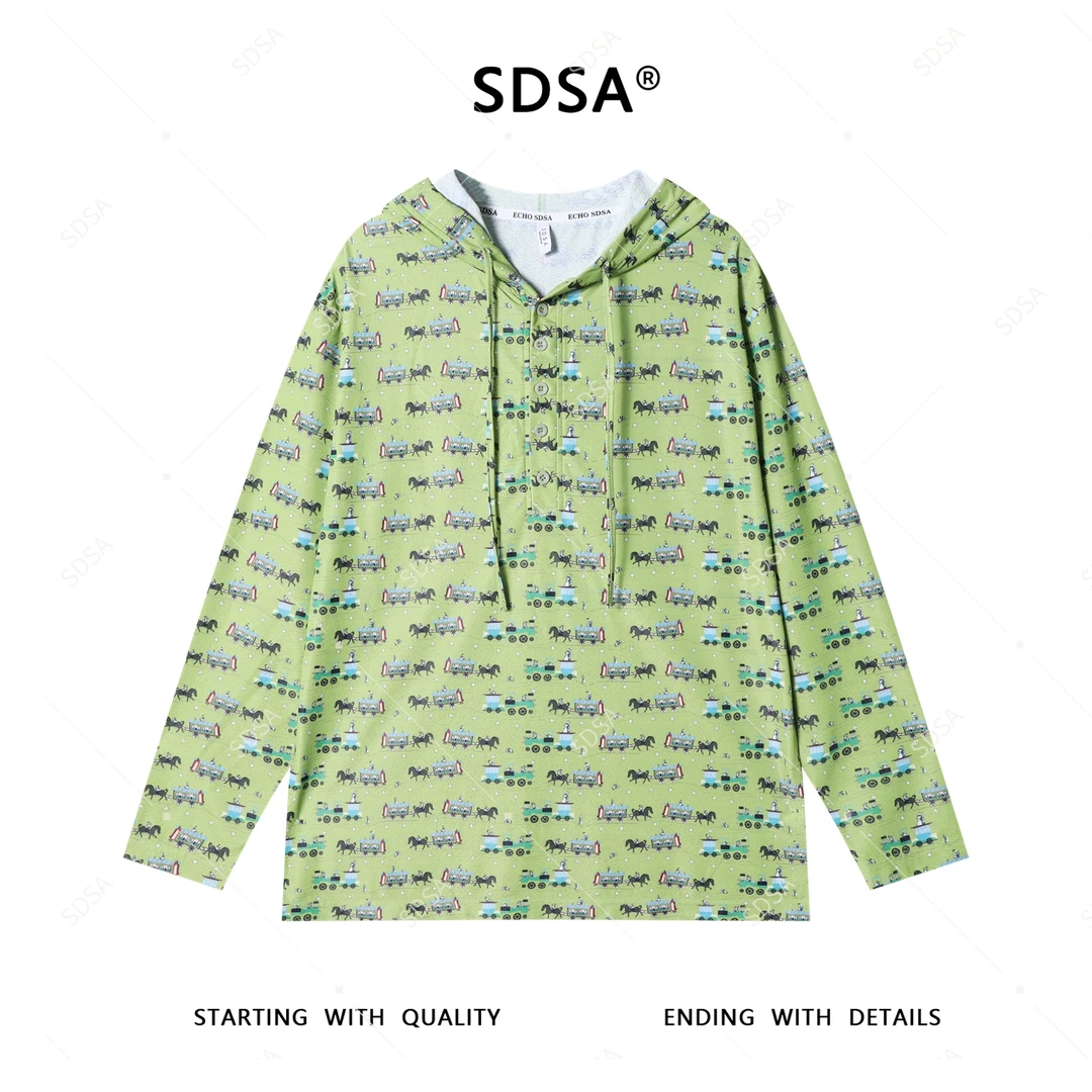 SDSA男士2025新款轻奢痞帅男装韩版撞色满印图案半纽扣连帽T恤潮