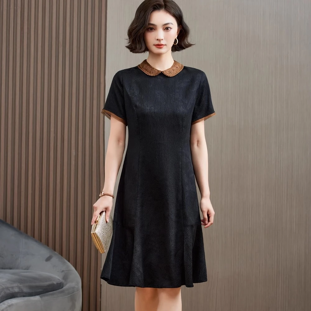 高端新中香云纱连衣裙女2025夏季新款收腰娃娃领高贵气质桑蚕丝