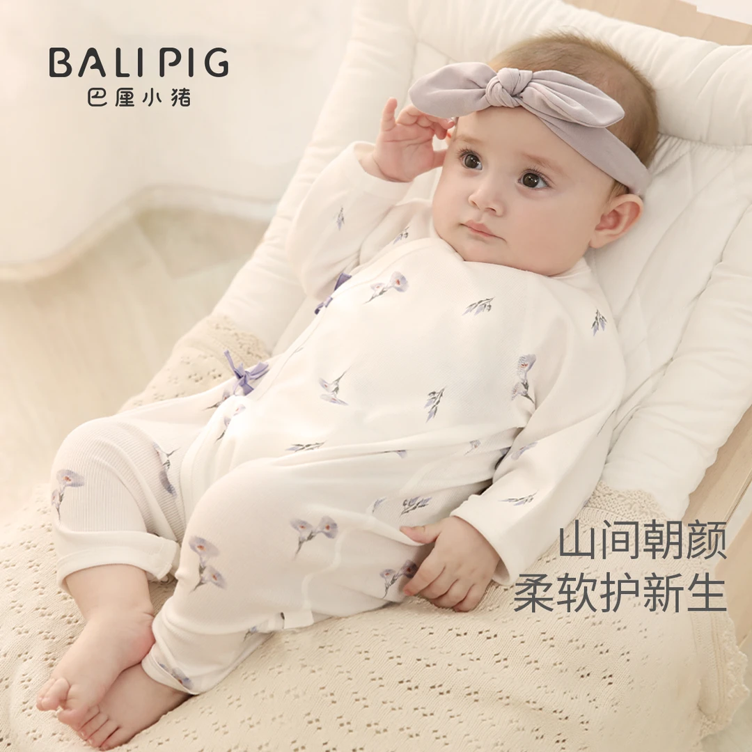 婴儿夏季薄款长袖空调服睡衣莫代尔棉新生儿连体衣和尚服宝宝衣服