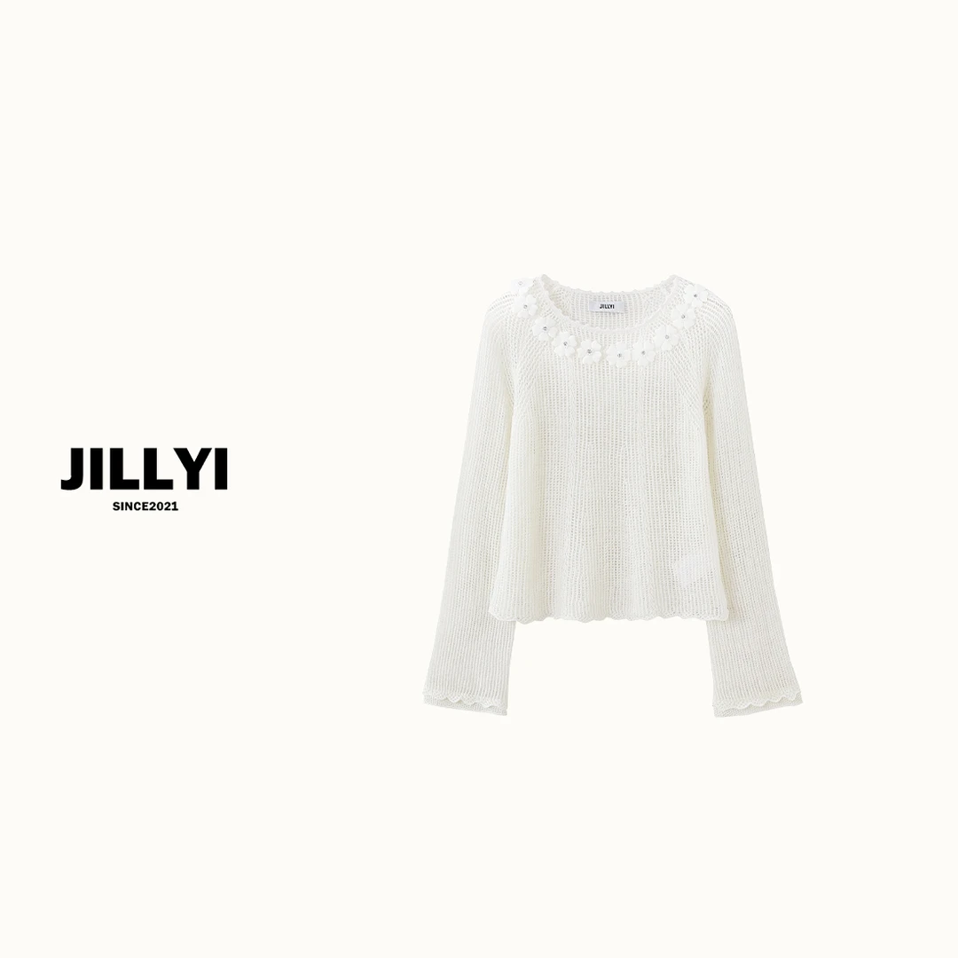JILLYI南山店【云朵泡沫】白色圆领立体花朵装饰镂空工艺小众轻奢针