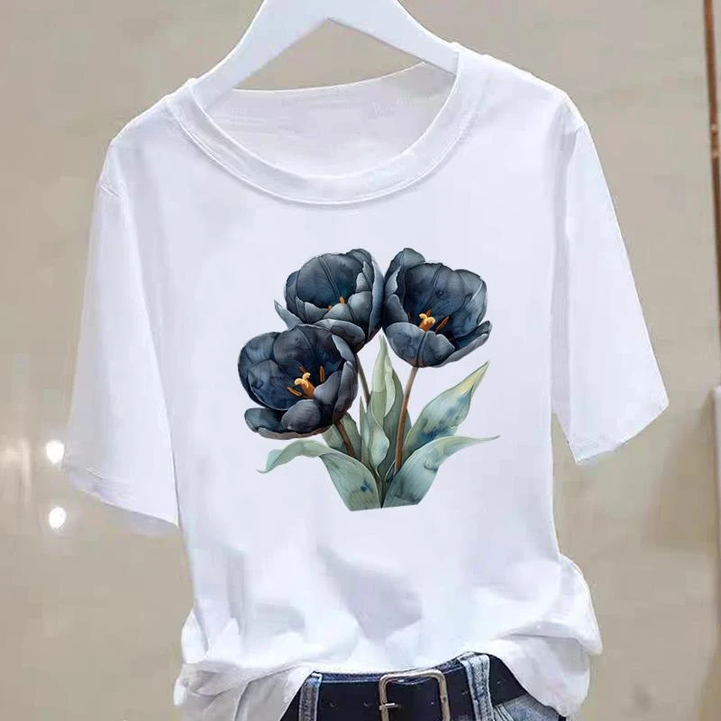 花卉可爱韩版休闲印花网红女夏季通勤打底衫圆领洋气ins短袖T恤