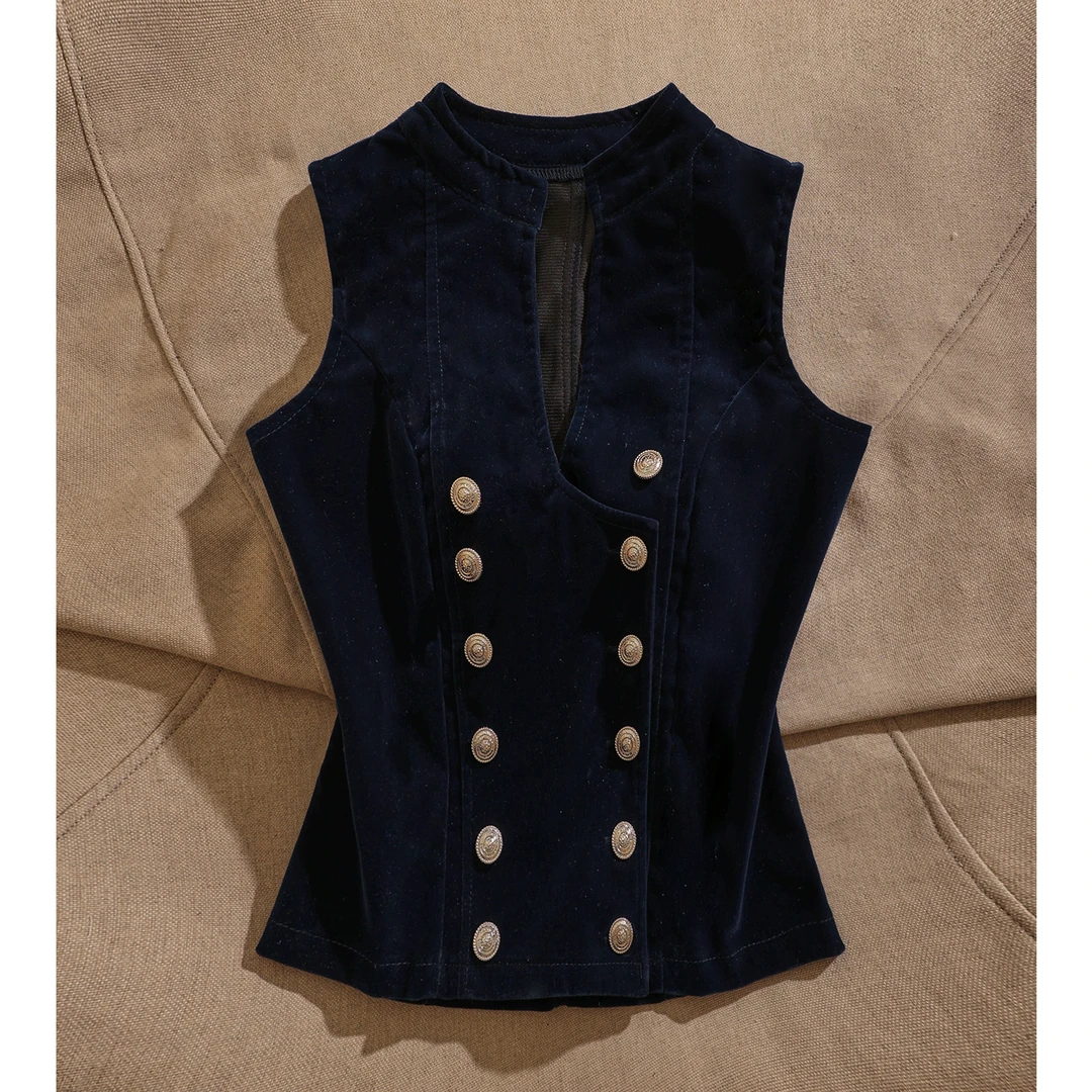 纯色丝绒华丽摇滚风双排扣修身马甲女外穿时尚背心深蓝色无袖上衣