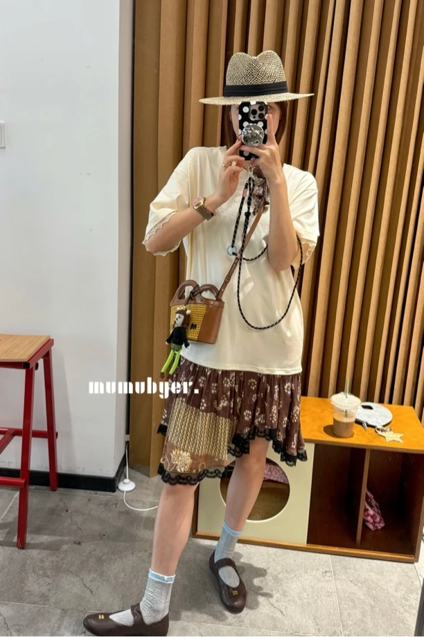 MUMUBYER •“夏日栀子”领结蕾丝花边拼接下摆人丝印花短袖T裙