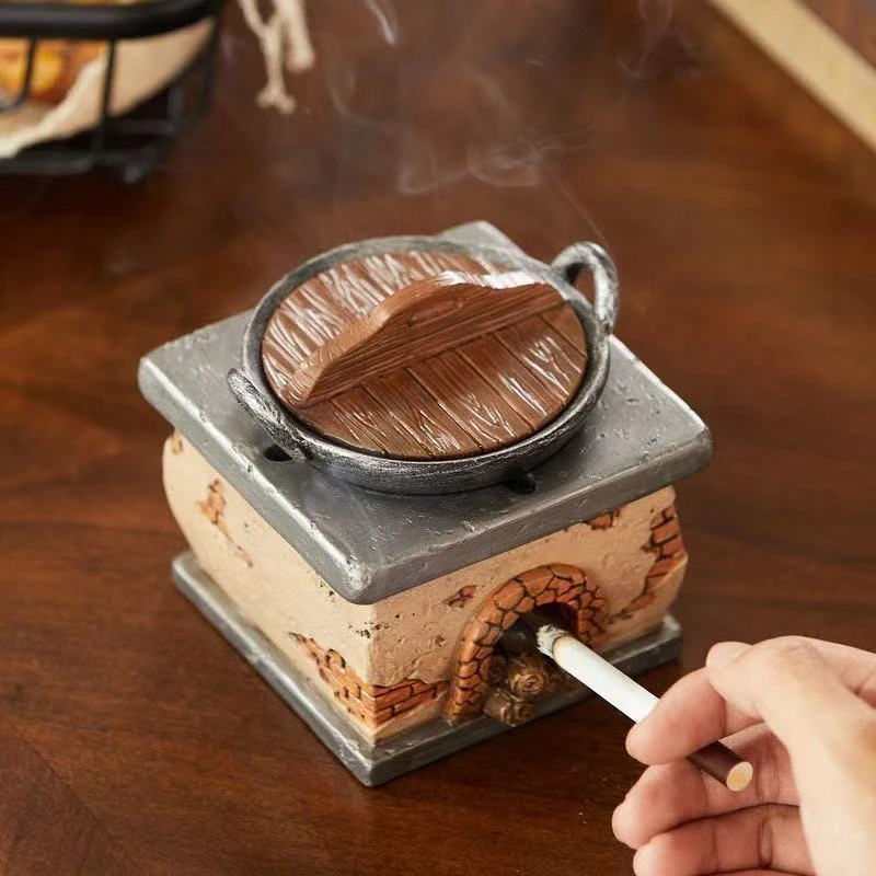 创意个性灶台烟灰缸带盖防灰飞家用桌面办公室装饰中式复古摆件
