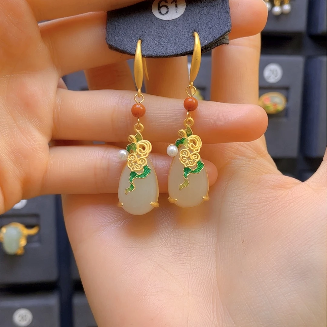 和田玉耳饰银S925镀金镶嵌