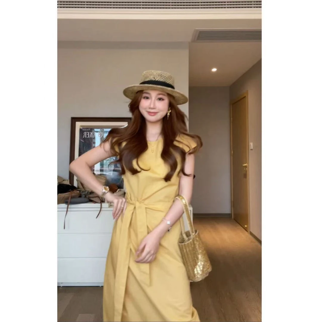 夏季小飞袖纯色圆领腰带系绳显瘦连衣裙