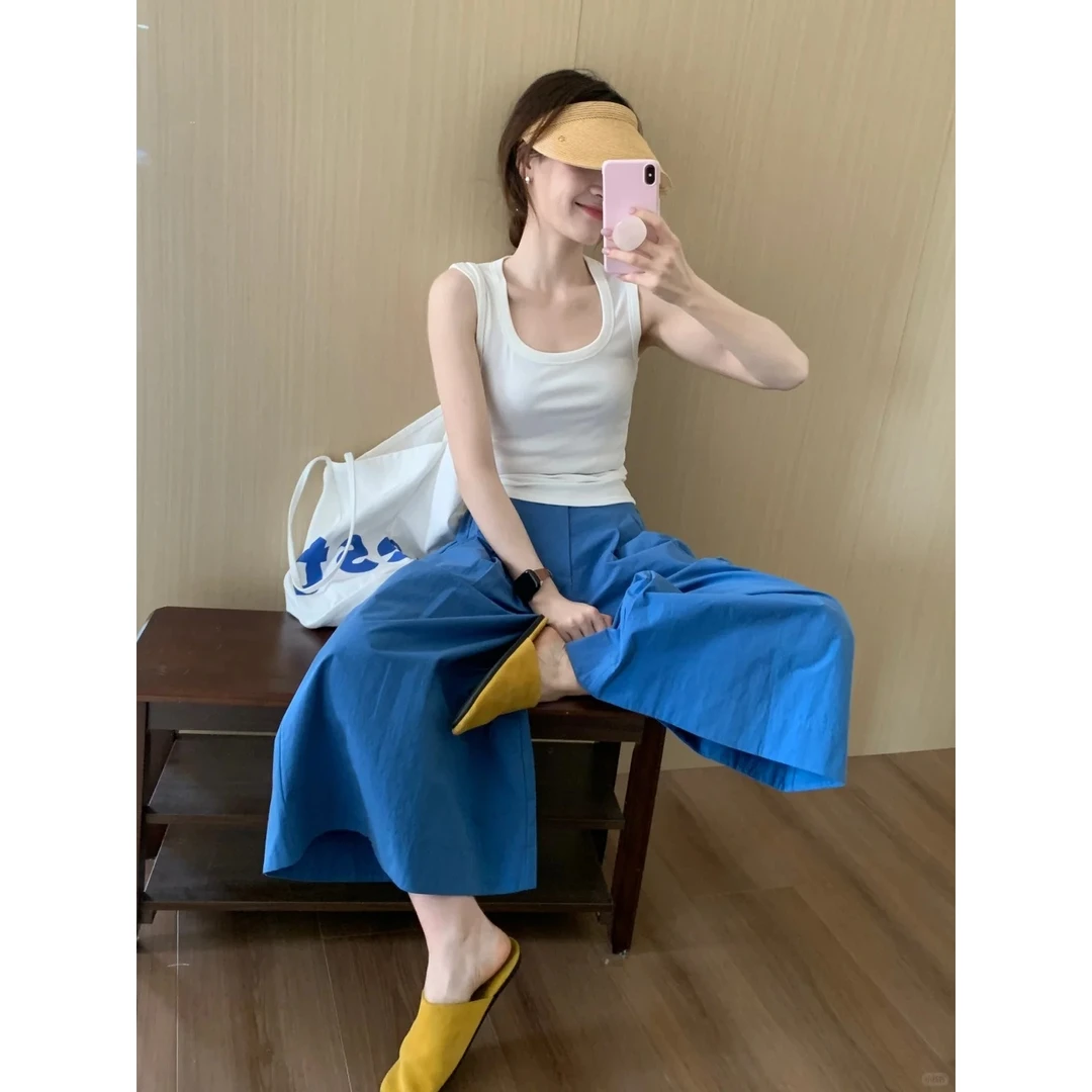 2025年极简风宽松外穿吊带背心女休闲小众复古显瘦上衣裤子套装女