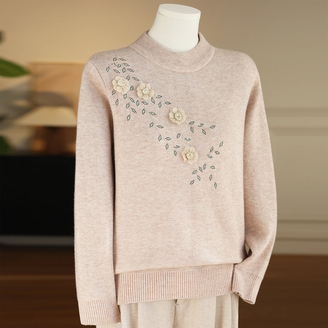 中老年女装半高领针织一体绒毛衣妈妈冬装加绒保暖洋气加厚打底衫