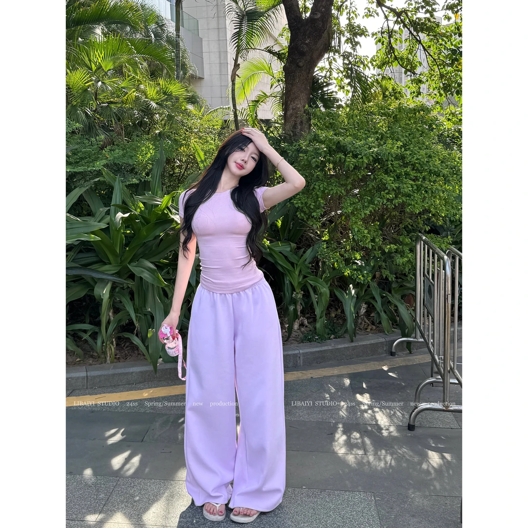 现货 LIBAIYI 版型超正/粉紫色无抽绳卫裤时髦个性高腰休闲裤1513