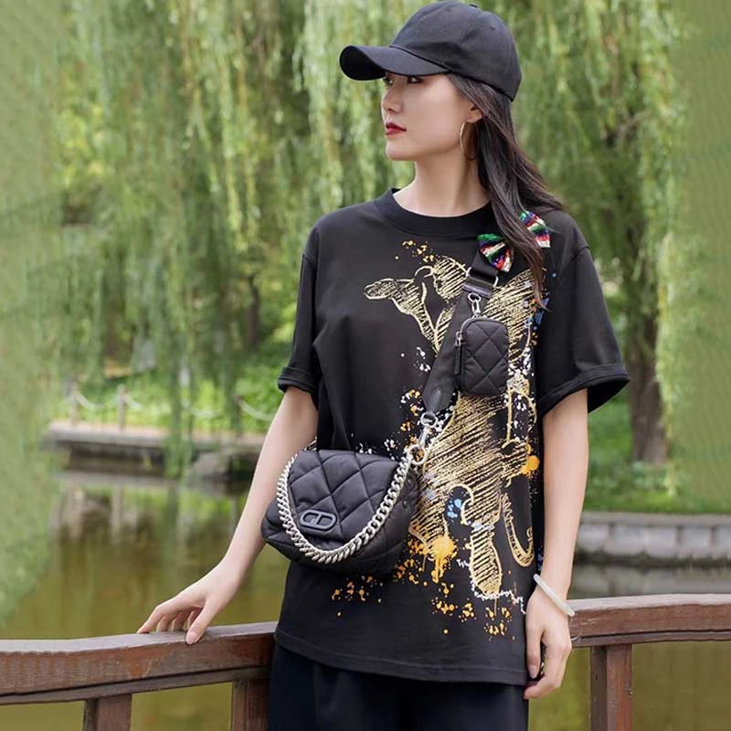 【商场同款】女装夏季新款时尚百搭烫金印花蝴蝶结短袖T恤5300709