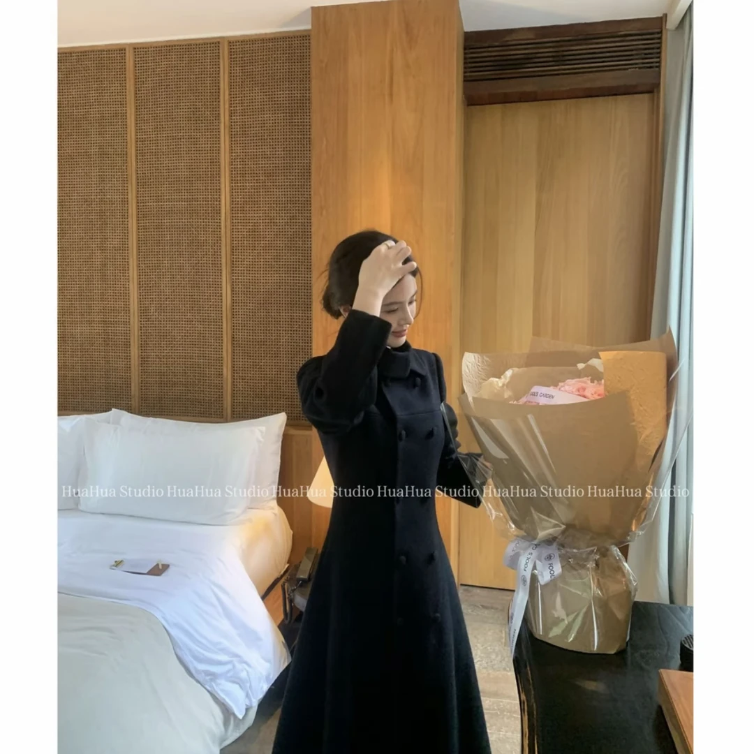 【花花】奥黛丽~韩版小翻领分割线双排扣小香设计感羊毛毛呢大衣