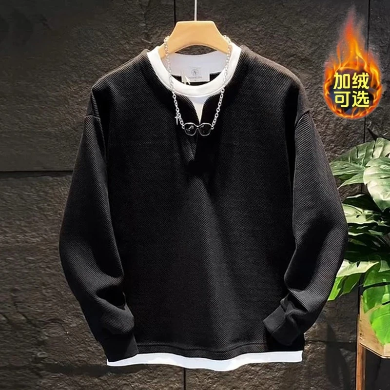 秋冬男士假两件V领高级感轻奢时尚dert牛仔羊羔绒外套