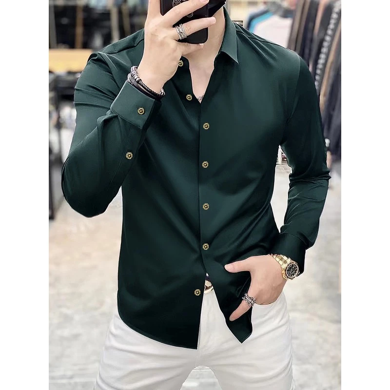 欧站高端免烫抗皱长袖衬衫男士春秋新款褶皱商务休闲衬衫松紧带