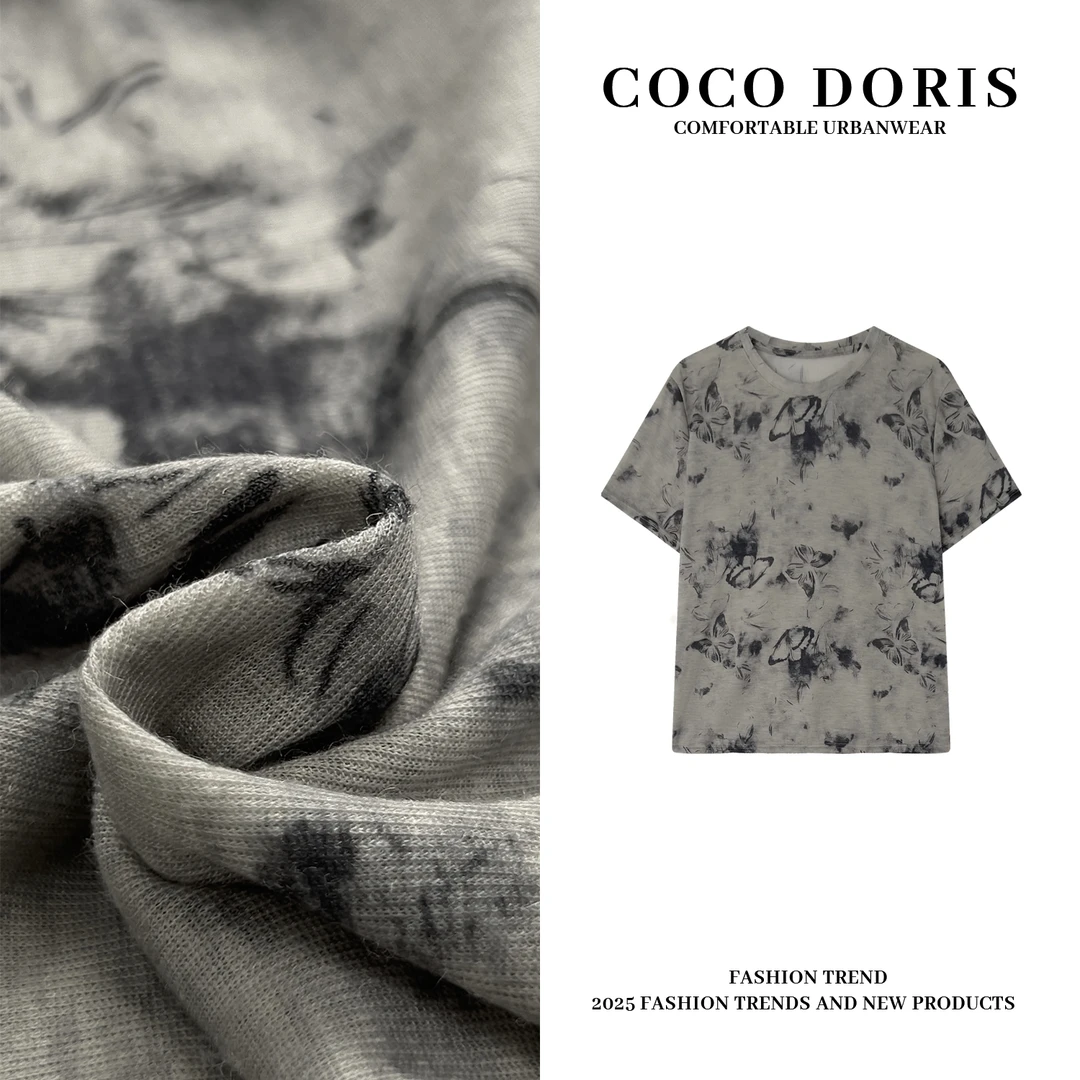 COCO DORIS 春夏新款蝴蝶渲染圆领T恤通勤时尚百搭短袖上衣3366-3