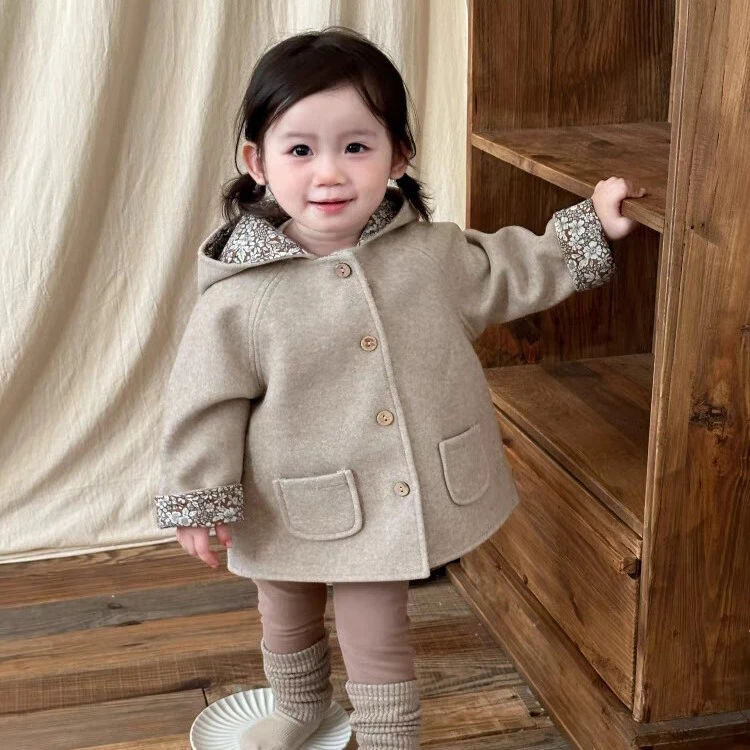女童外套秋冬季2025新款韩版儿童宝宝经典款百搭休闲毛呢立帽大衣