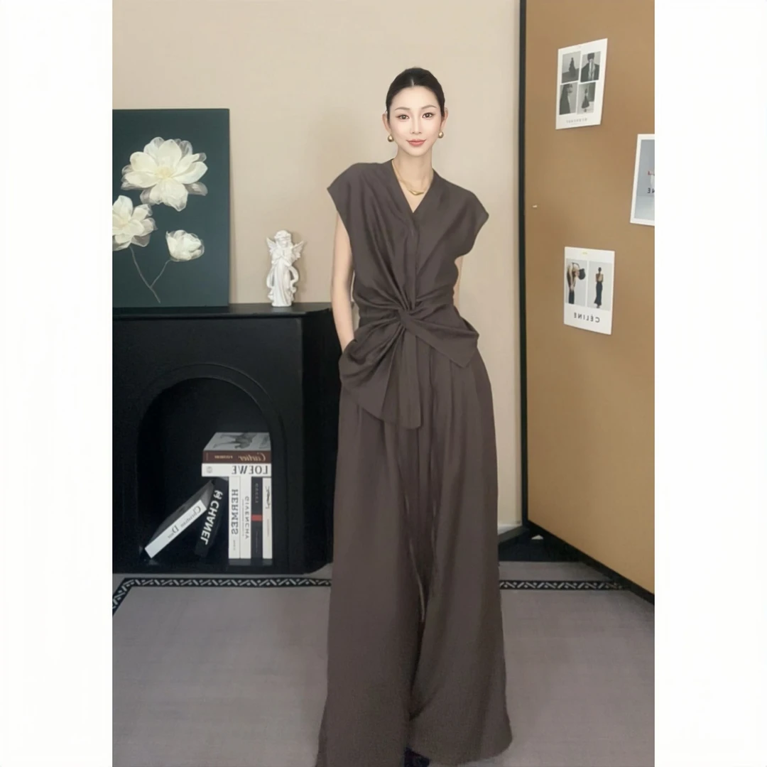 【晓雪专属】老钱风时尚收腰阔腿裤长款气质韩版亚麻轻奢宽松套装