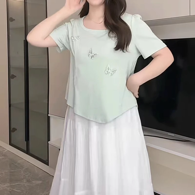 显瘦遮肚遮肉减龄上衣夏季薄款胖MM大码女装甜美立体蝴蝶短袖T恤