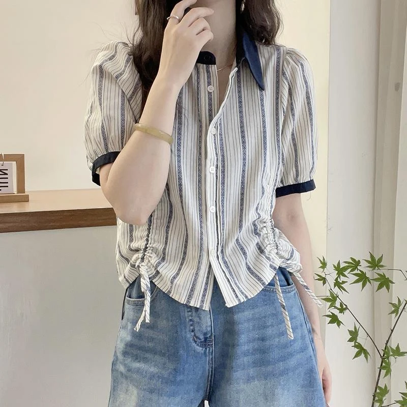 GiftPalm竖条纹翻领棉麻衬衫女装百搭站夏装新款宽松显瘦时尚洋气