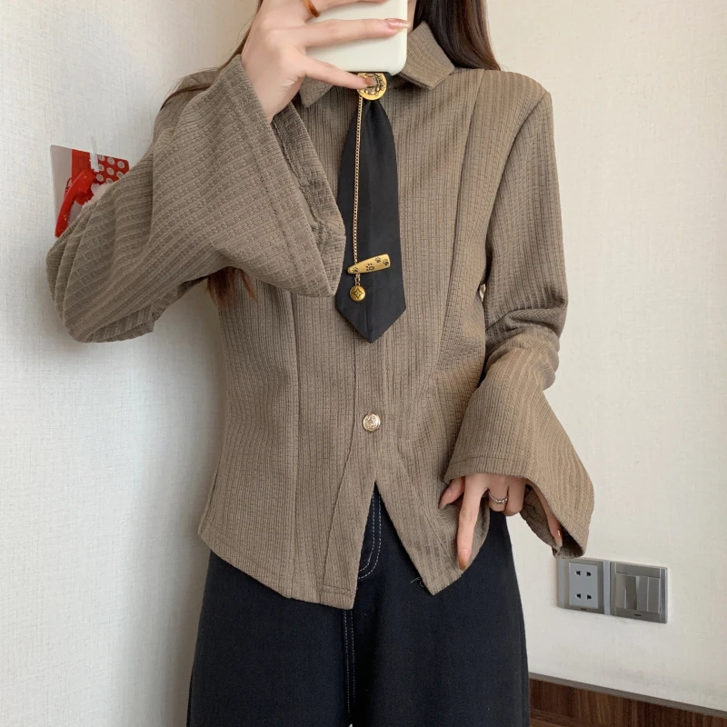3868大码女装胖妹妹时尚简约学院风格设计感Polo领长袖上衣2922