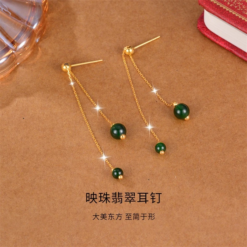 瑞梦缘珠宝 PT990铂金黄抽拉映珠翡翠耳钉足铂耳线气质女HE103