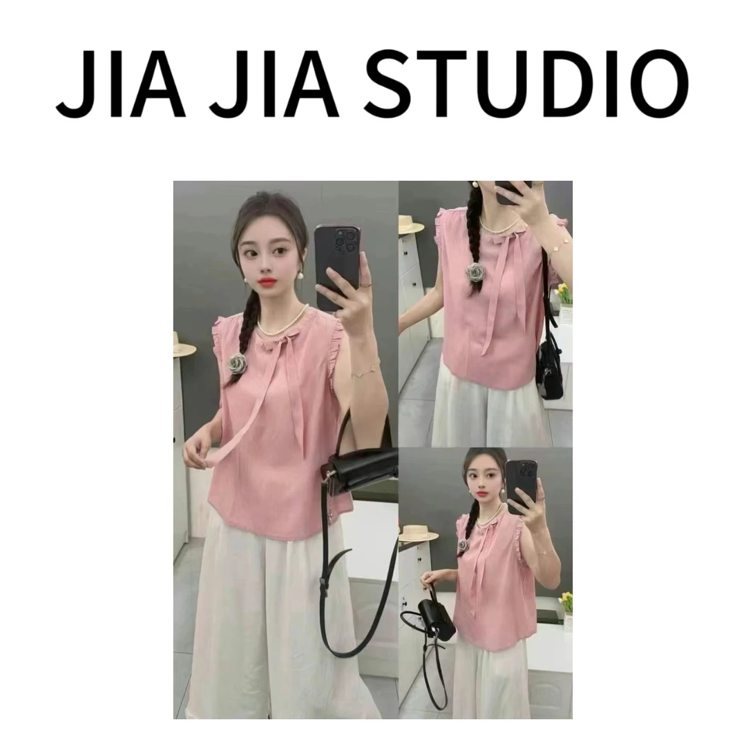 嘉嘉推荐#8252【夏季-薄款】蝴蝶结花边麻料上衣