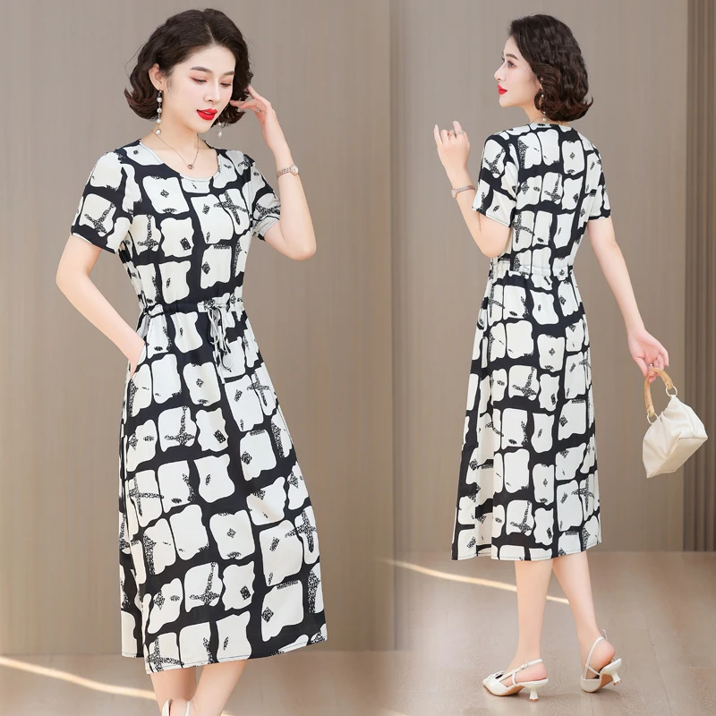 夏季新款中老年短袖棉绸连衣裙外穿时尚妈妈中长款人造棉碎花裙子