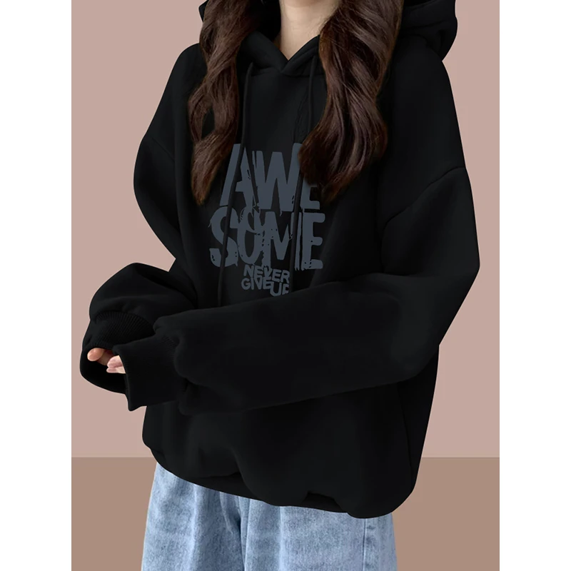 黑色女士连帽卫衣外套2025新款秋冬韩版时尚洋气宽松加绒休闲上衣