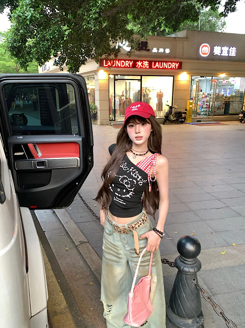 甜辣女孩红格子拼接设计感无袖露肩T恤背心小衫修身型夏季显瘦