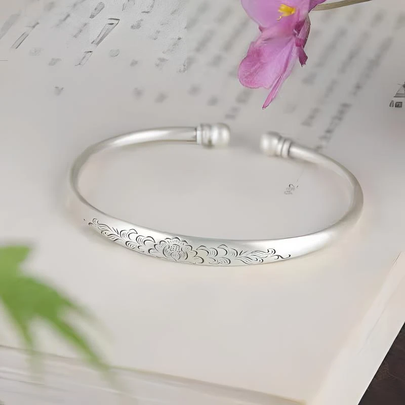 足银手镯 牡丹对珠足银999.9古法开口镯仿古花纹复古民族风实心