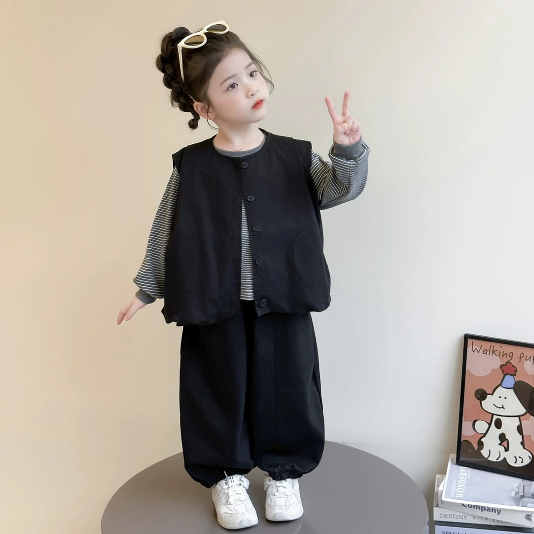 女童秋季套装2025新款儿童秋装洋气时髦韩系穿搭女宝宝马甲三件套