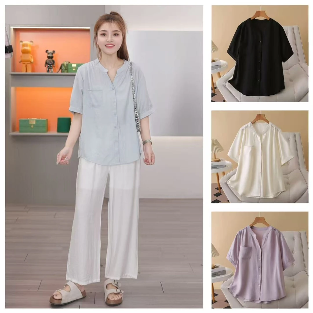 梦冬佳--120-200斤大码女装夏季薄款衬衫百搭V领宽松遮肉纯色小衫