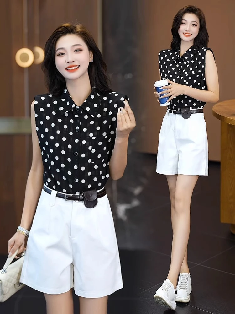 时尚套装女夏季新款洋气波点雪纺衬衫五分阔腿裤气质显瘦两件套潮