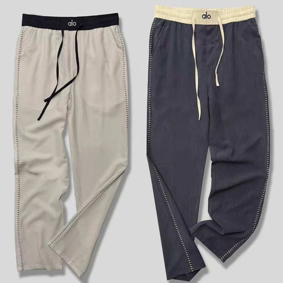 高奢夏季亚麻舒适透气撞色休闲裤时尚设计感老钱风男士拼接直筒裤